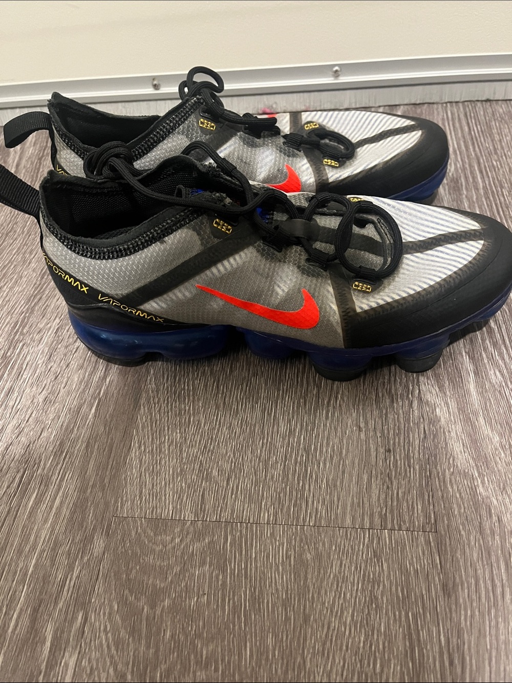 Nike Kids' VaporMax Sneakers - Gray with Red Swoosh and Blue Sole
